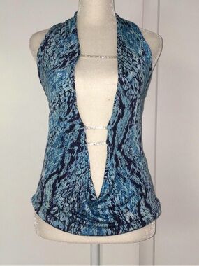 Blue Patterned Deep V Halter Tank Top